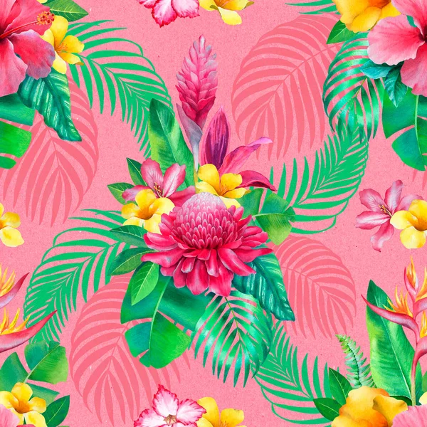 熱帯の花のイラストと水彩の背景 シームレスなパターン設計 — ストック写真