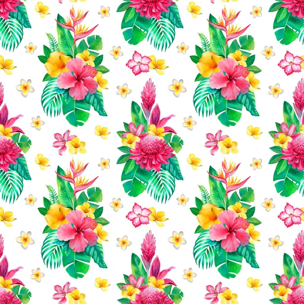 Fondo Acuarela Con Ilustraciones Flores Tropicales Diseño Patrón Sin Costura —  Fotos de Stock