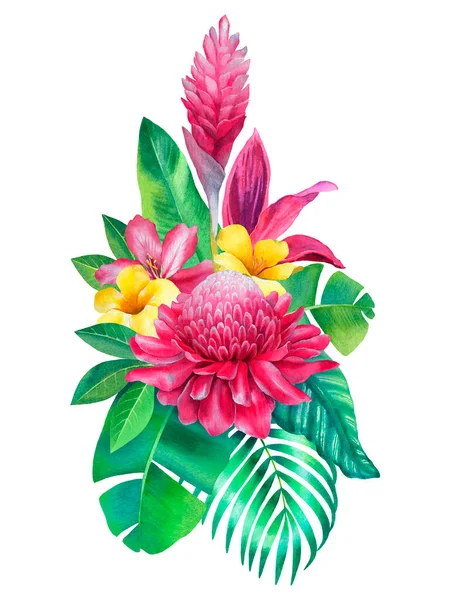 Aquarell Tropische Blumen Handgemalte Illustration Isoliert Auf Weißem Hintergrund — Stockfoto