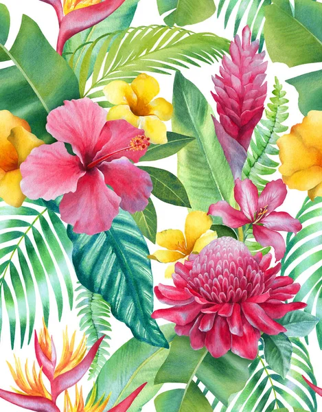 Акварель Фон Иллюстрациями Тропических Цветов Бесшовный Дизайн Шаблонов — стоковое фото