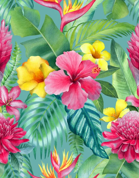 熱帯の花のイラストと水彩の背景 シームレスなパターン設計 — ストック写真