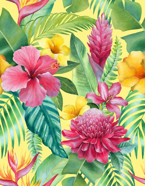 水彩画背景图片热带花 无缝图案设计 — 图库照片