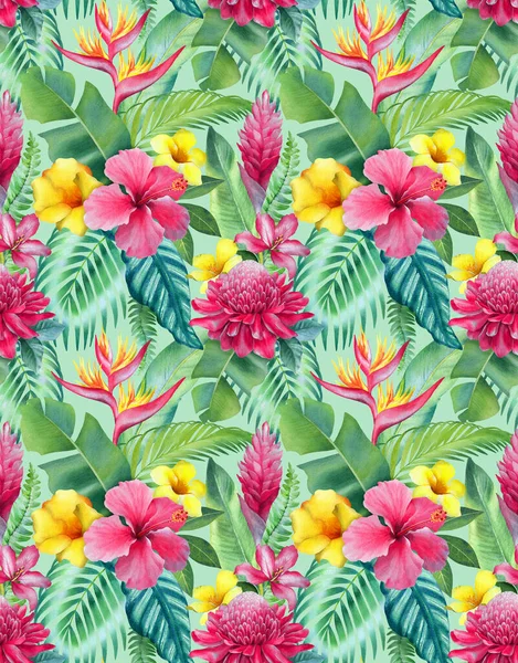 Fundo Aquarela Com Ilustrações Flores Tropicais Design Padrão Sem Costura — Fotografia de Stock