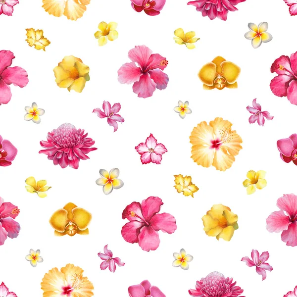 Fundo Aquarela Com Ilustrações Flores Tropicais Design Padrão Sem Costura — Fotografia de Stock