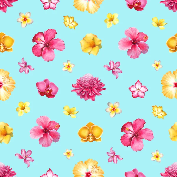 Akvarell Bakgrund Med Illustrationer Tropiska Blommor Sömlös Mönsterdesign — Stockfoto