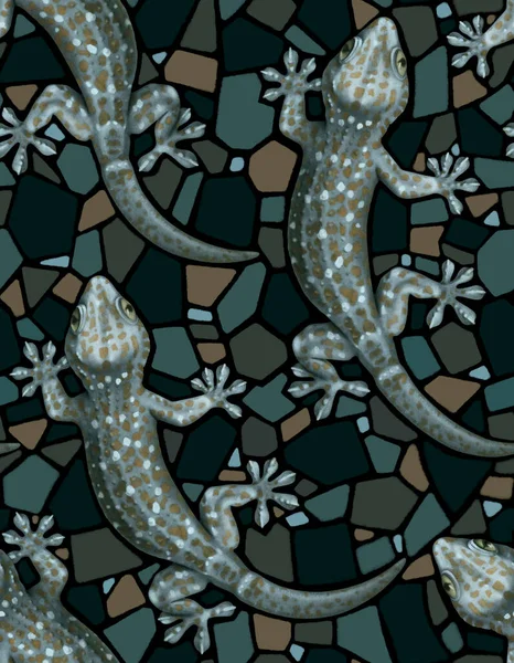 Sömlös Mönsterdesign Med Handritade Illustrationer Tokay Gecko Mönster För Tyg — Stockfoto