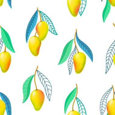 Seamless pattern design with hand drawn illustrations of mango fruit. Pattern for fabric, product packaging, wallpapers, home textile, wrapping paper and stationery