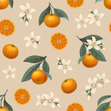 Portakal ağacının elle boyanmış bir resmi. Kusursuz desen tasarımı. Kumaşlar, duvar kağıtları, giysiler, tekstil, posterler, ambalaj tasarımı, kırtasiye malzemeleri ve diğer şeyler için mükemmel.