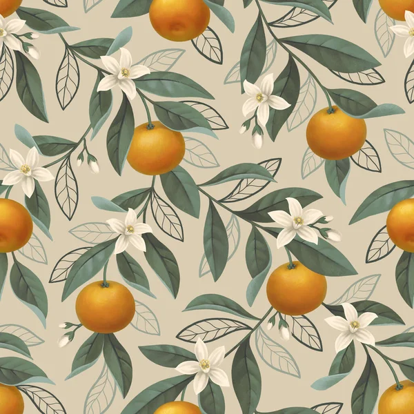 Met Hand Geschilderde Illustratie Van Sinaasappelboom Tak Naadloos Patroon Ontwerp — Stockfoto