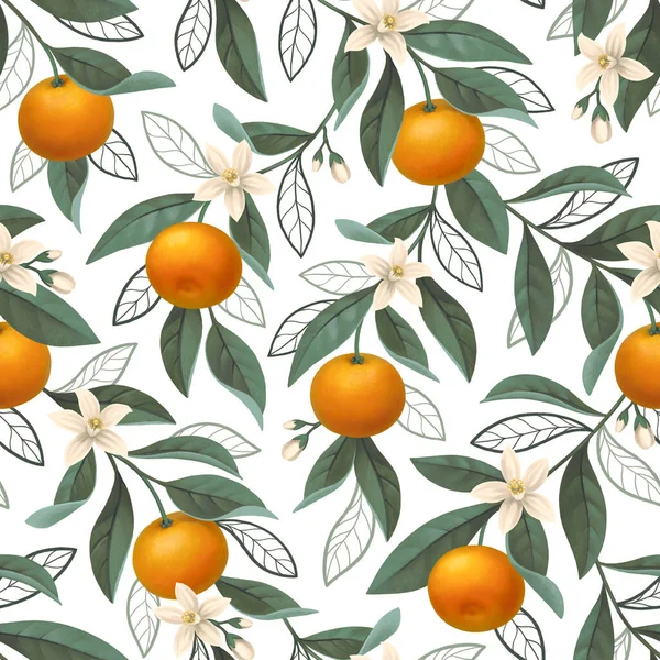 Handgemalte Illustration Von Orangenzweigen Nahtlose Mustergestaltung Perfekt Für Stoffe Tapeten — Stockfoto