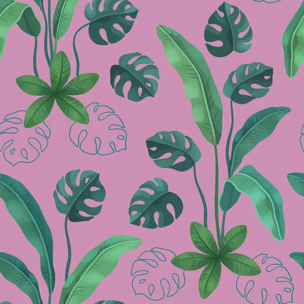 Tropikal Yaprakların Boyaması Çizimi Kusursuz Desen Tasarımı Parmak Izleri Kumaşlar — Stok fotoğraf