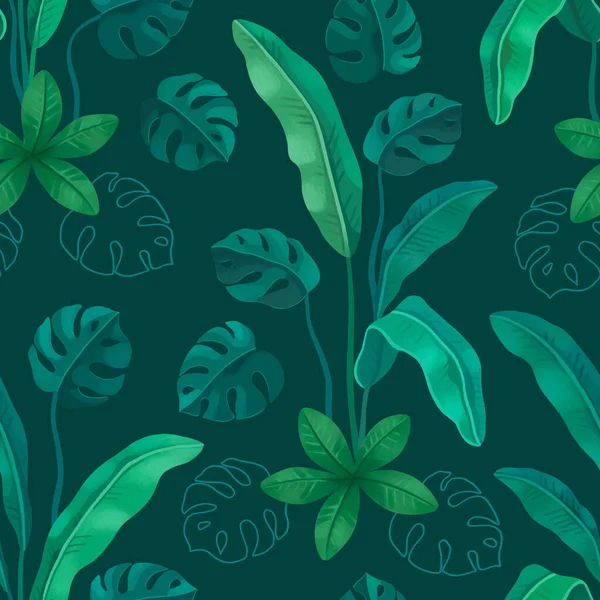 手工绘制热带树叶的图解 无缝图案设计 适用于印刷品 家用纺织品 包装设计及其他物品 — 图库照片