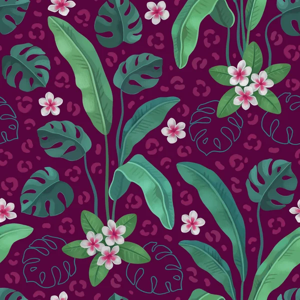 手绘热带树叶和花朵的图解 无缝图案设计 豹纹适用于面料 家用纺织品 包装设计及其他物品 — 图库照片
