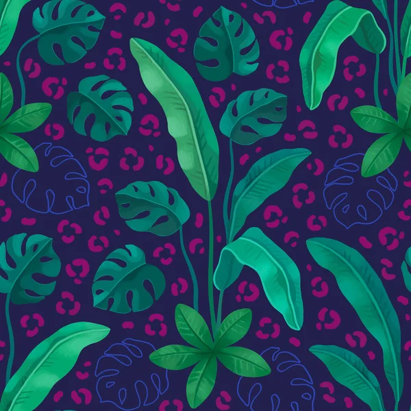 Hand Painted Illustration Tropical Leaves Seamless Pattern Design Leopard Print — Stock Photo, Image