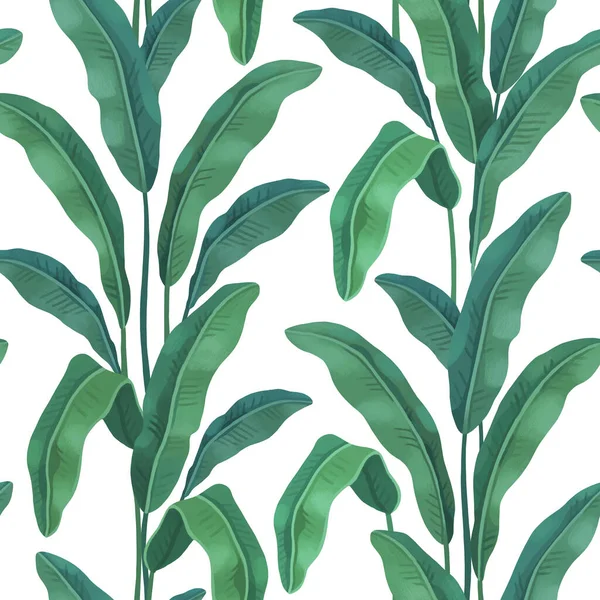 Hand painted illustration of Tropical leaves. Seamless pattern design. Perfect for prints, fabrics, wallpapers, apparel, home textile, packaging design and other goods
