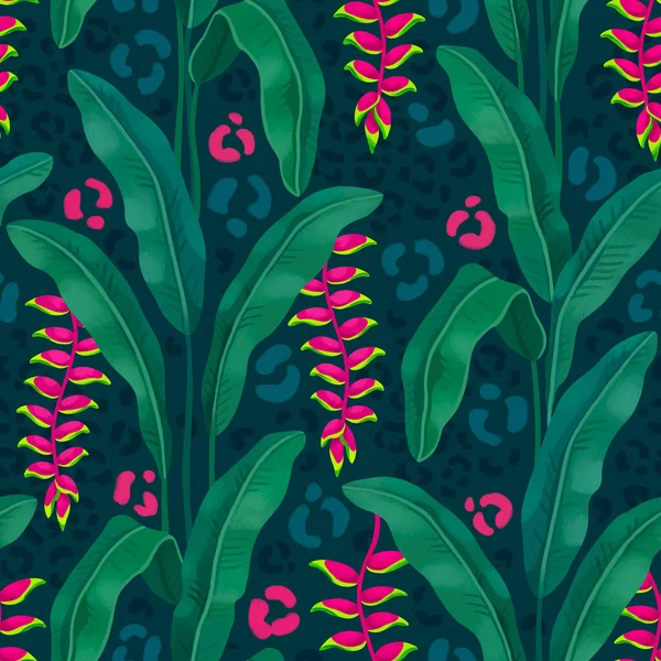 ヘリコニアの花の手描きイラスト シームレスなパターン設計 熱帯ヒョウ柄 ファブリック アパレル ホームテキスタイル パッケージデザイン 文房具などの商品に最適です — ストック写真