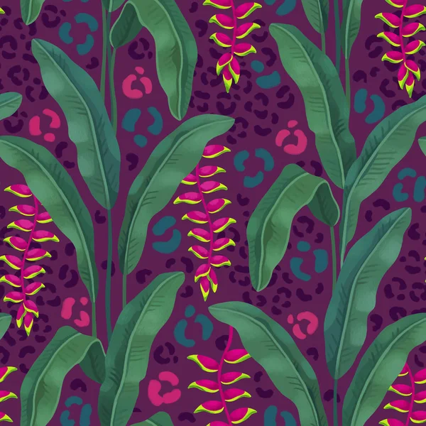 Hand Painted Illustration Heliconia Flower Seamless Pattern Design Tropical Leopard — Stock Photo, Image