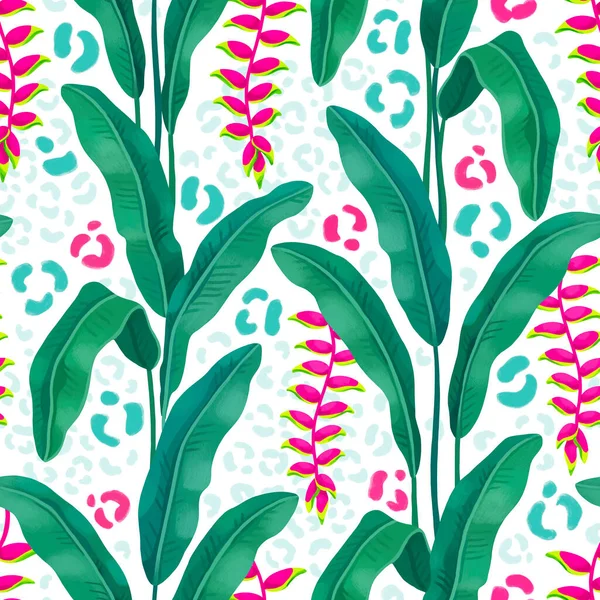Hand Painted Illustration Heliconia Flower Seamless Pattern Design Tropical Leopard — Stock Photo, Image