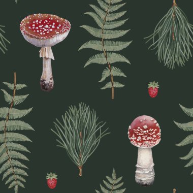 Akarik sinek ve orman botaniklerinin akrilik çizimleriyle elle boyanmış desenler. Parmak izleri, kumaşlar, duvar kağıtları, giyim, tekstil, ambalaj tasarımı, kırtasiye malzemeleri için mükemmel. 