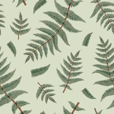 Elle boyanmış akrilik botanik eğrelti otunun kusursuz desenli tasarımı. Cottegecore tarzı. Kumaş, tekstil, duvar kağıdı, ambalaj tasarımı, kırtasiye malzemeleri ve diğer eşyalar için mükemmel.