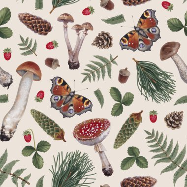 Orman doğasının akrilik çizimleriyle el yapımı botanik desen tasarımı. Cottegecore tarzı. Parmak izleri, kumaşlar, duvar kağıtları, giyim, tekstil, ambalaj tasarımı, posterler, kırtasiye malzemeleri için mükemmel. 