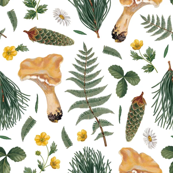 Elle Boyanmış Kusursuz Desenli Orman Doğasının Akrilik Botanik Çizimleri Cottegecore — Stok fotoğraf