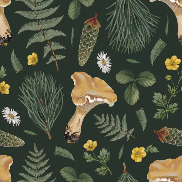 Seamless Pattern Design Hand Painted Acrylic Botanical Illustrations Forest Nature — Stock Photo, Image