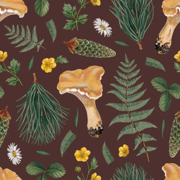 以手工绘制的丙烯酸植物图为代表的森林自然无缝图案设计 Cottegecore风格 适用于印刷品 纺织品 包装设计 文具及其他物品 — 图库照片