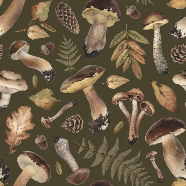 Акварельні Ілюстрації Осінньої Лісової Природи Гриби Листя Шишки Дизайн Візерунка Стокове Зображення
