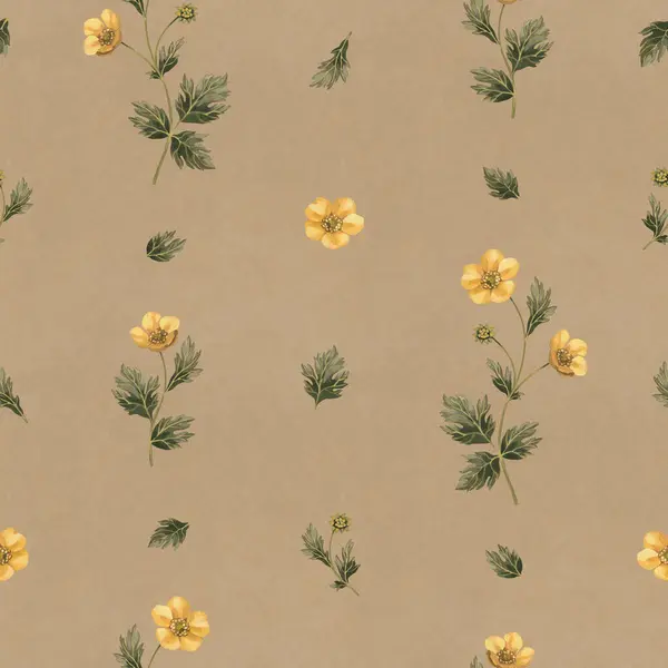 Hand Painted Illustrations Buttercup Flowers Seamless Pattern Design Cottegecore Print Stock Photo