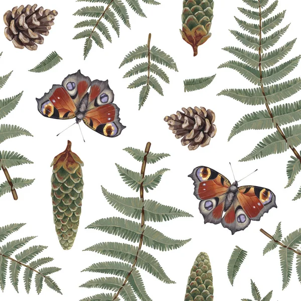 Seamless Pattern Design Acrylic Illustrations Fern Pine Cone Butterfly Cottegecore Stock Picture