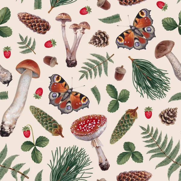 Hand Painted Botanical Pattern Design Acrylic Illustrations Forest Nature Cottegecore Stock Image