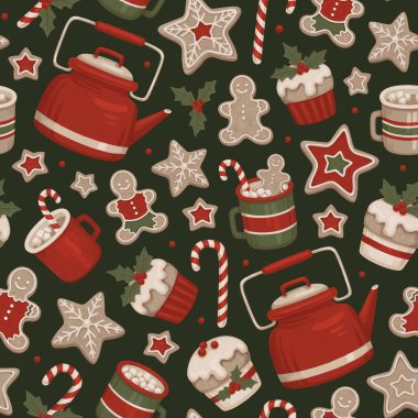 Kusursuz bir Noel deseni. Hygge zamanı. Zencefilli kurabiye, Noel tatlısı ve içecek. Paket kağıdı, ambalaj tasarımı, mevsimlik tekstil, tebrik kartları ve diğer basılı eşyalar için mükemmel.