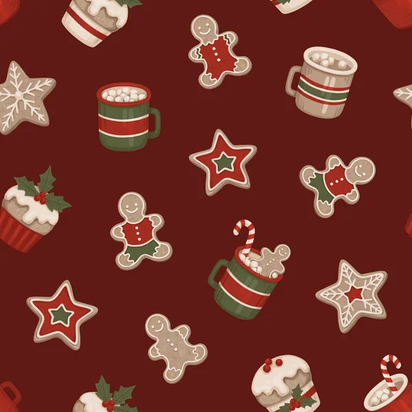 Christmas Seamless Pattern Gingerbread Cookies Christmas Dessers Drinks Perfect Wrapping — Stock Photo, Image