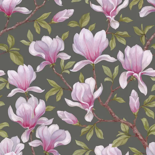 Handmålade Akryl Illustrationer Magnolia Blommor Sömlös Mönsterdesign Perfekt För Tyger Royaltyfria Stockfoton