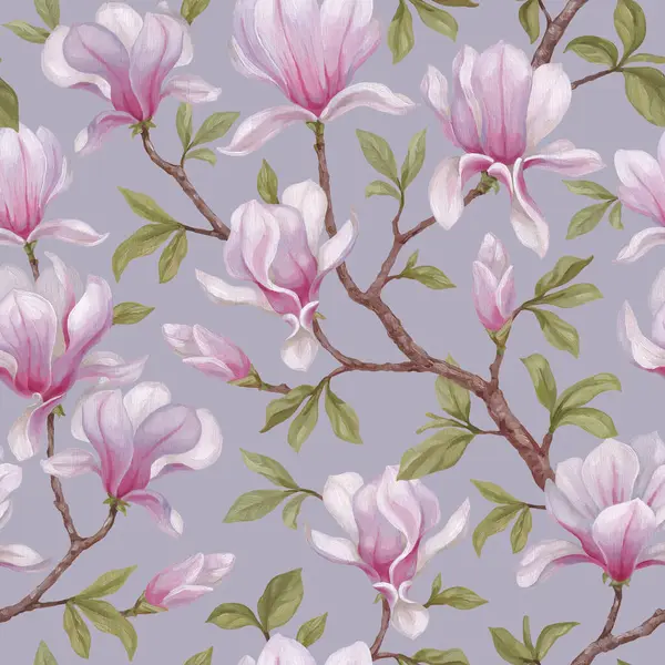 Handgemalte Illustrationen Von Magnolienblüten Acryl Nahtlose Mustergestaltung Perfekt Für Stoffe Stockbild