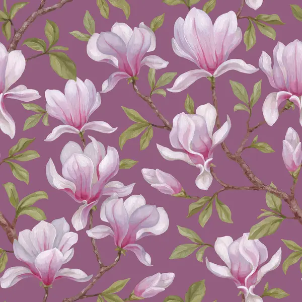 Ručně Malované Akrylové Ilustrace Magnóliových Květů Bezproblémová Konstrukce Vzorů Ideální Stock Snímky