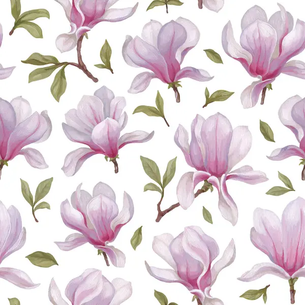 Handmålade Akryl Illustrationer Magnolia Blommor Sömlös Mönsterdesign Perfekt För Tyger Royaltyfria Stockbilder