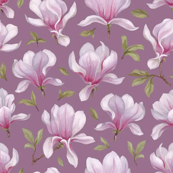 Handgemalte Illustrationen Von Magnolienblüten Acryl Nahtlose Mustergestaltung Perfekt Für Stoffe Stockbild