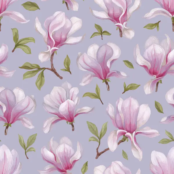 Handmålade Akryl Illustrationer Magnolia Blommor Sömlös Mönsterdesign Perfekt För Tyger Royaltyfria Stockfoton
