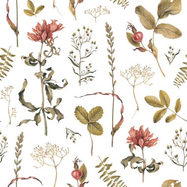 Kurumuş bitkiler, yapraklar ve çiçeklerle süslenmiş zarif el çizimi desen tasarımı. Ev tekstili, duvar kağıtları, kumaşlar, giysi, ambalaj tasarımı, kırtasiye malzemeleri ve diğer basılı eşyalar için mükemmel.