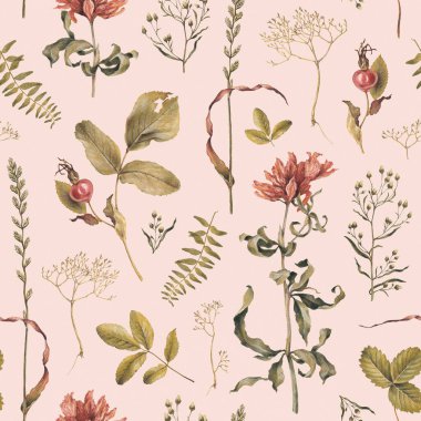 Kurumuş bitkiler, yapraklar ve çiçeklerle süslenmiş zarif el çizimi desen tasarımı. Ev tekstili, duvar kağıtları, kumaşlar, giysi, ambalaj tasarımı, kırtasiye malzemeleri ve diğer basılı eşyalar için mükemmel.