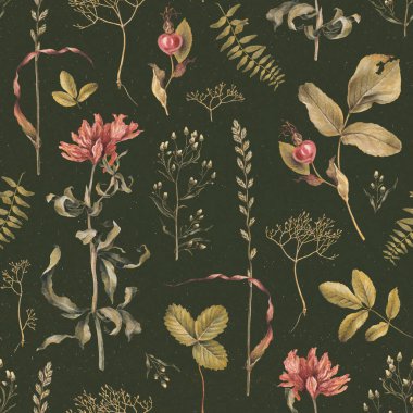 Kurumuş bitkiler, yapraklar ve çiçeklerle süslenmiş zarif el çizimi desen tasarımı. Ev tekstili, duvar kağıtları, kumaşlar, giysi, ambalaj tasarımı, kırtasiye malzemeleri ve diğer basılı eşyalar için mükemmel.