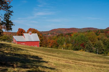 Grandview çiftlik ahırı, sonbahar mevsiminde Vermont 'ta Stowe yakınlarında demiryolu kenarında.