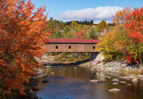 Colorful Fall Trees Adirondacks Jay Covered Bridge New York State — Stock Photo, Image