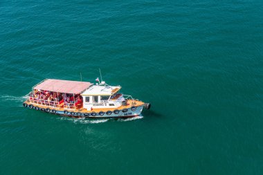 Valparaiso, Chile - 21 January 2023: Local tourists on tour boat in the Valparaiso harbor in Chile