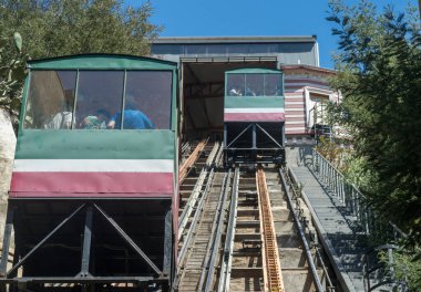 Car leaving the upper station of Funicular railway in Valparaiso Chile