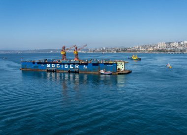 Valparaiso, Chile - 21 January 2023: Floating dock owned by Sociber in Valparaiso harbor