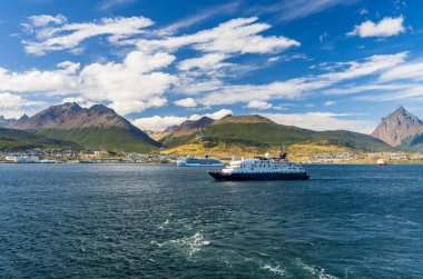 Ushuaia, Argentina - 28 January 2023: Hebridean Sky expedition cruise ship at anchor in bay