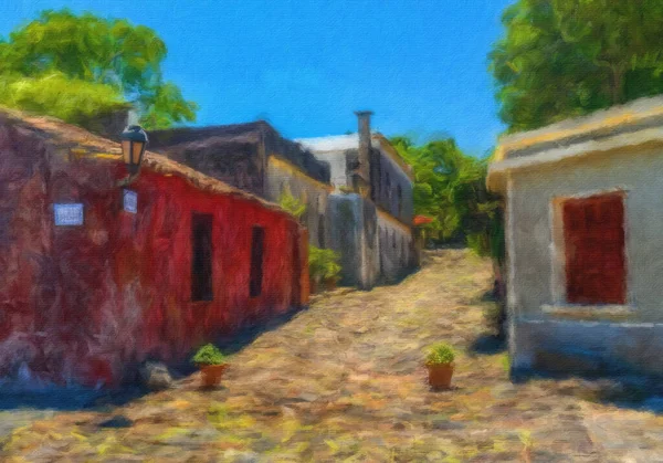 Digital oil impressionistic painting of the famous Street of Sighs in the Unesco World Heritage site of Colonia del Sacramento in Uruguay.
